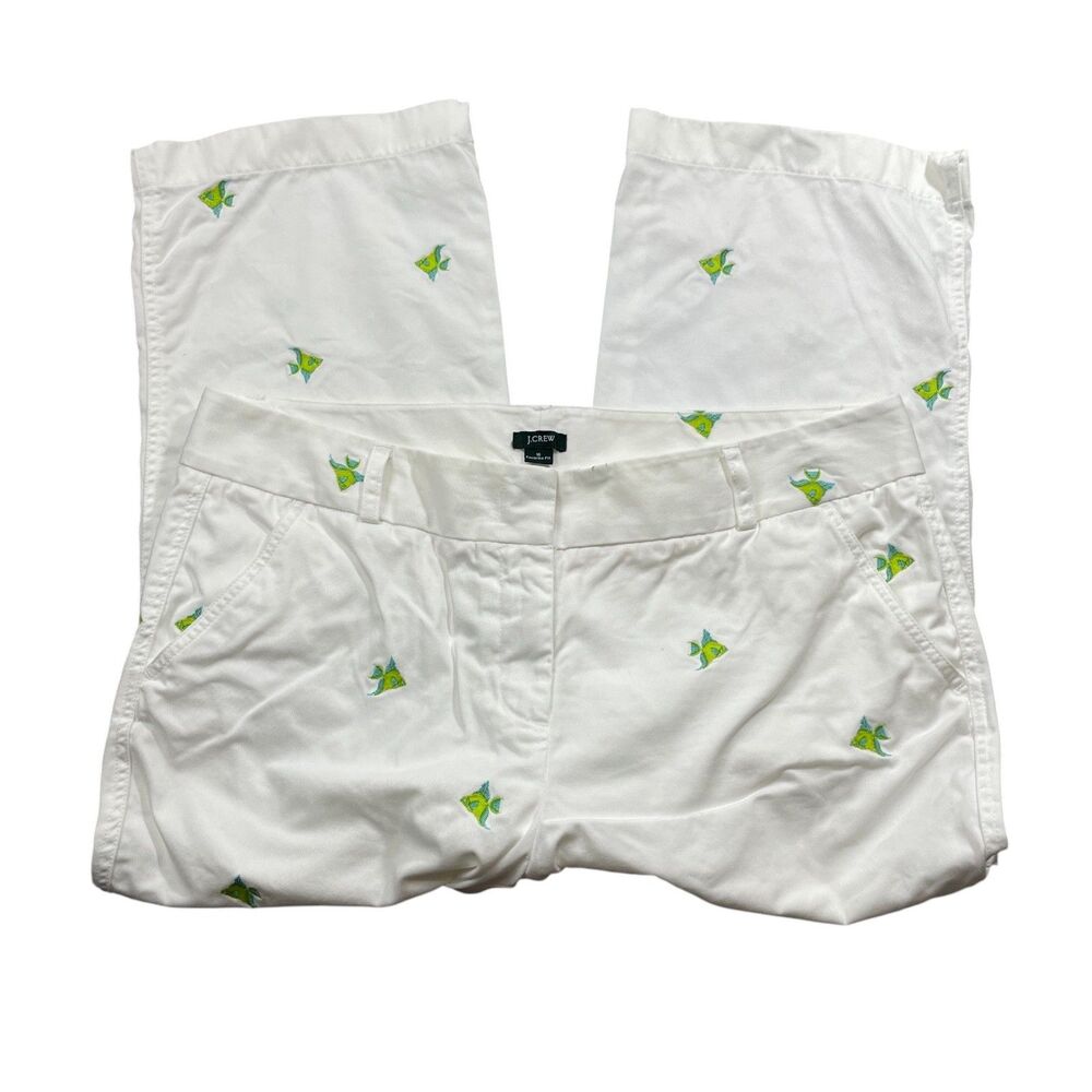 J. Crew 16 Favorite Fit White Embroidered Fish 100% Cotton Capri's